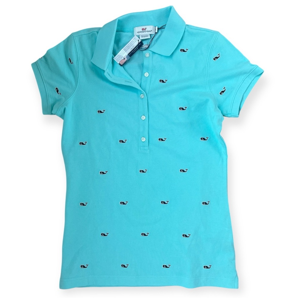 Vineyard Vines Polo XS All Over Whale Logo Print Teal Blue Brand New with Tags